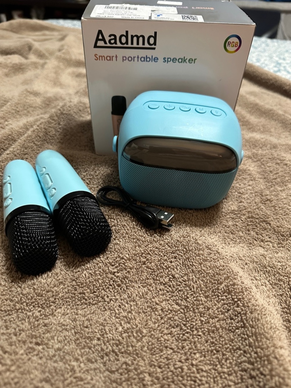 AMD Light Blue Portable Bluetooth Speaker with Two Matching Microphones